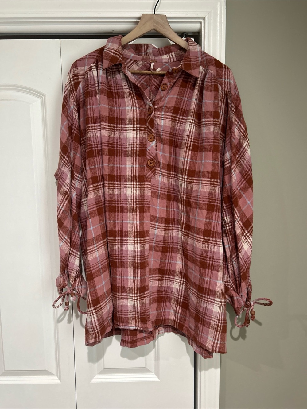 Free People Pink and Brown Plaid Button-Up Henley